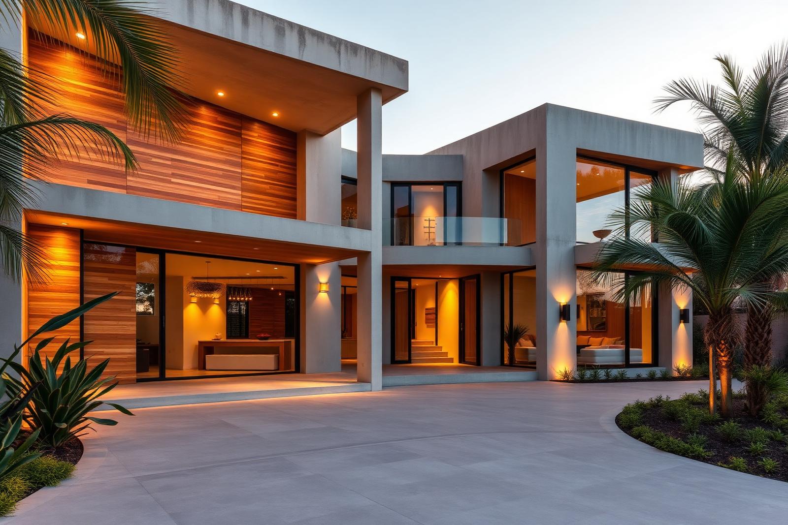 Fachada demonstrativa (imagem gerada por IA) — casa contemporânea com revestimento em madeira e paisagismo tropical