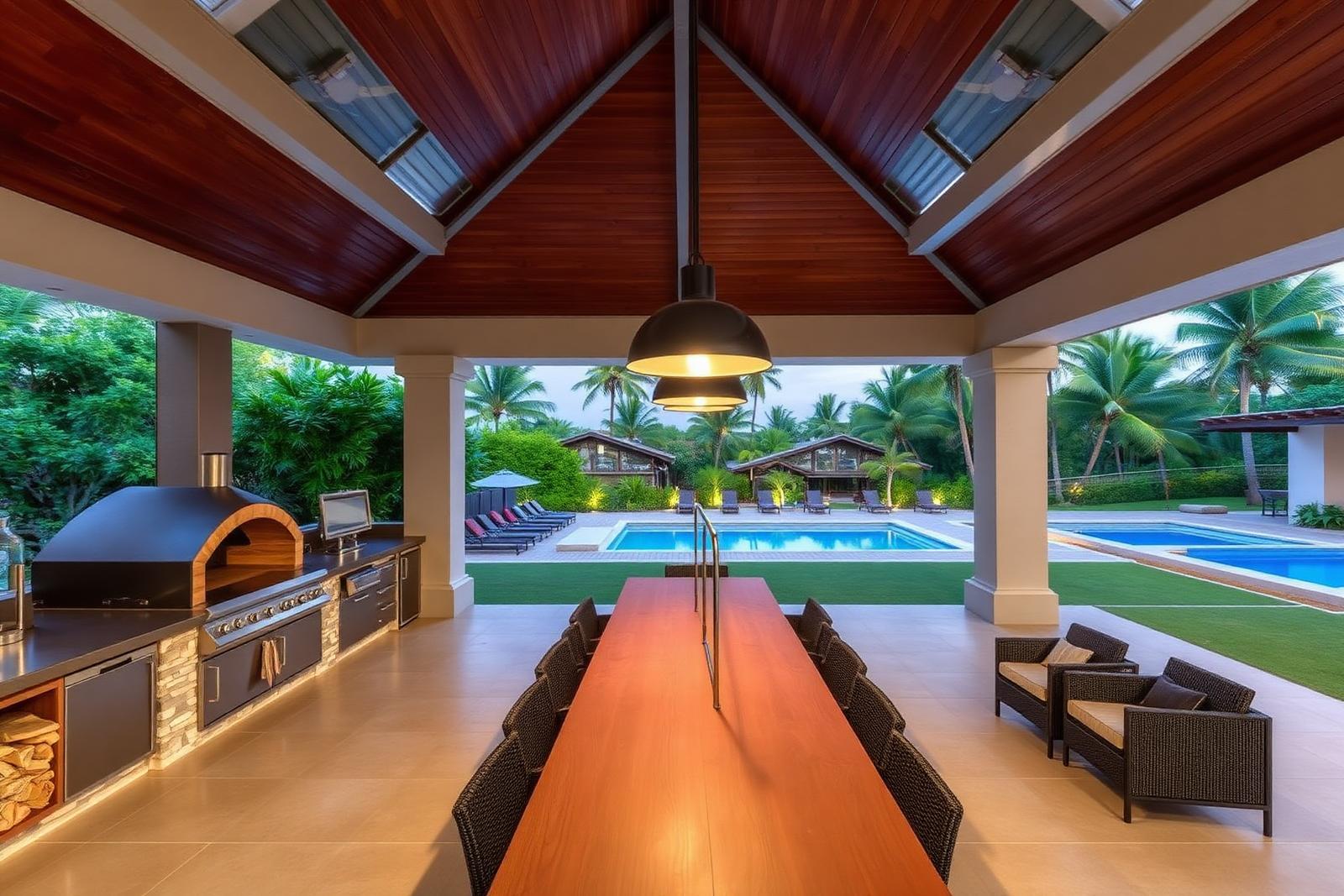 Área gourmet externa com forno a lenha e vista para a piscina (imagem demonstrativa gerada por IA)