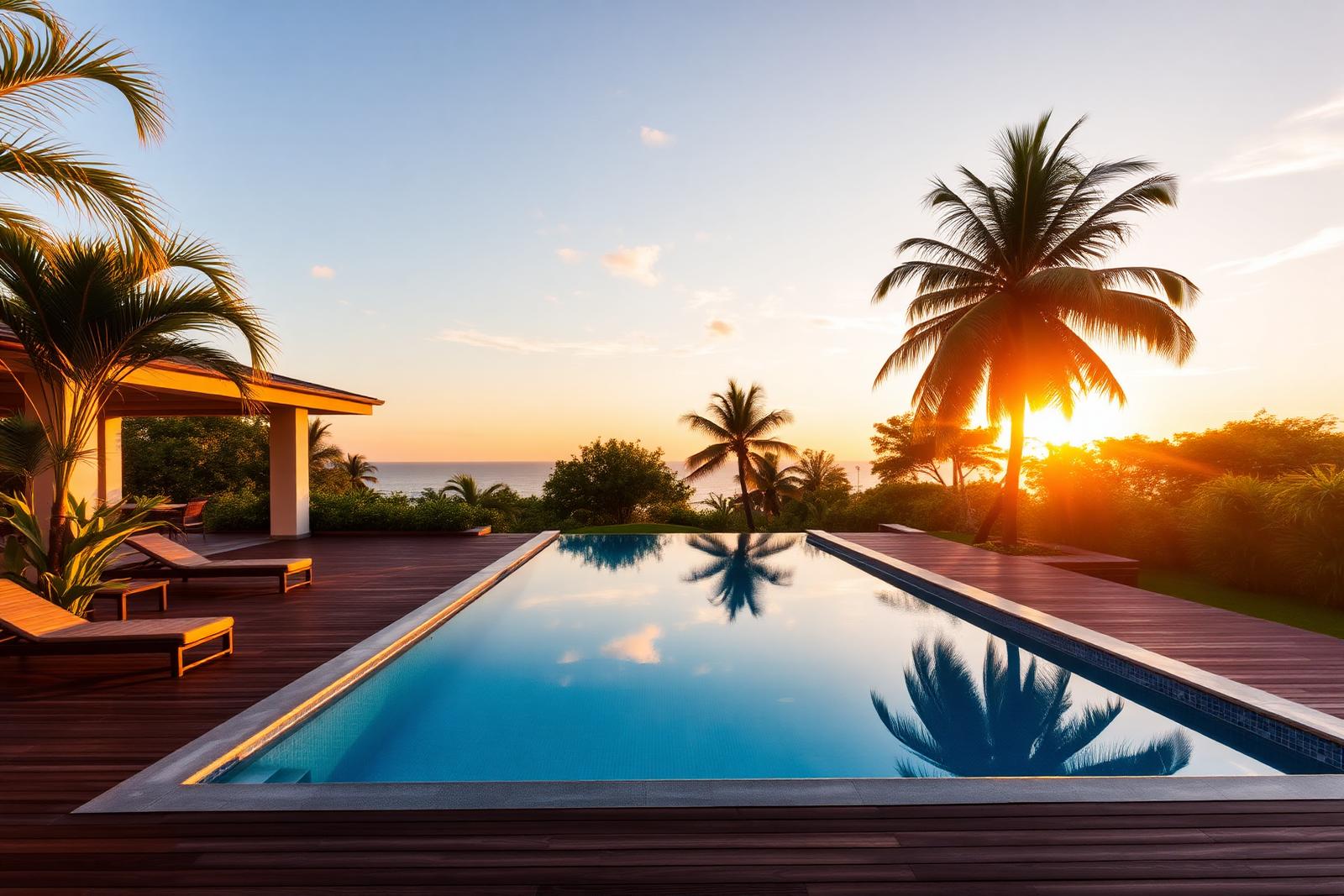 Piscina com borda infinita ao pôr do sol (imagem demonstrativa gerada por IA)