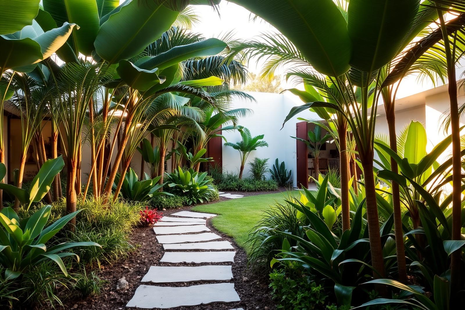 Jardim tropical com caminho de pedras (imagem demonstrativa gerada por IA)
